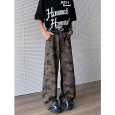 批发美式迷彩工装裤男女宽松嘻哈复古休闲直筒阔腿长裤潮
