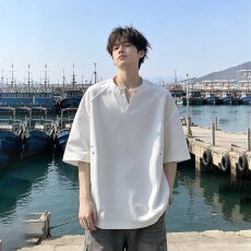 批发夏季简约<b class='q'>休闲</b>V领短袖T恤男cleanfit帅气网红纯色轻熟风重磅t上衣