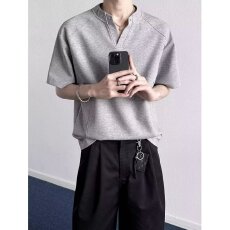 批发原宿简约文艺夏季简约<b class='q'>休闲</b>V领短袖T恤男帅气纯色轻熟风重磅t上衣
