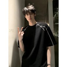 批发解构拼接短袖t恤男<b class='q'>夏</b>季新款美式高街重磅辑明线宽松休闲半袖体恤