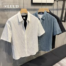 2024夏季薄款高级凉感短袖衬衫男装宽松休闲褶皱冰丝五分半袖衬衣