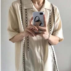 日系小众设计感古巴v领刺绣短袖衬衫男夏季港风外套上衣
