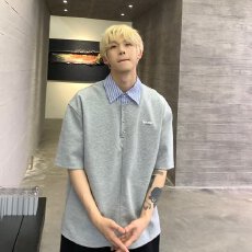 ins夏季潮流polo衫男短袖重磅潮牌t恤宽松拼接撞色假两件半袖体恤