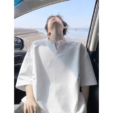 批发欧美硬汉v型叠领紧袖t恤男新2026透气修身短袖卫衣休闲工装亨利衫