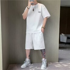 休闲运动套装男士夏季短袖短裤华夫格提花男装青少年帅气学生衣服