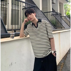批发黑色条纹短袖polo衫夏季美式复古潮牌t恤cleanfit痞帅翻领上衣