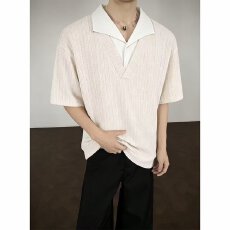 批发2026假两件学院风V领短袖polo衫男款夏季美式休闲男生T恤
