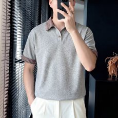 批发休闲格子假两件polo衫短袖男上衣青少年宽松美式潮牌夏季半袖<b class='q'>T</b><b class='q'>恤</b>
