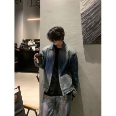 批发春<b class='q'>秋</b>复古做旧渐变设计感拉链牛仔外套男翻领潮流休闲宽松牛仔夹克