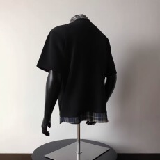 批发黑色美式假两件T恤男女款夏季拼接格子<b class='q'>衬衫</b>领短袖polo衫情侣半袖