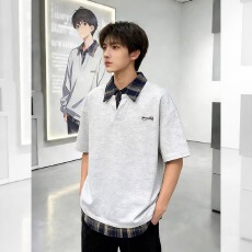 批发美式假两件翻领短袖T恤男夏季宽松重磅青少年polo衫高级痞帅上衣
