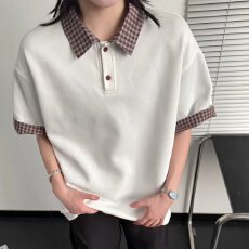 批发2026夏季设计感假两件短袖polo衫拼接百搭学生痞帅翻领通勤男T恤