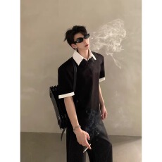 假两件双层领垫肩短袖男夏季美式重磅翻领正肩T恤痞帅半袖polo衫