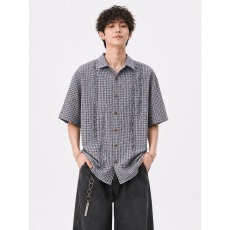 批发设计感小众荷叶边格子短袖衬衫男女夏<b class='q'>日系</b><b class='q'>复古</b>港风休闲泡泡纱上衣