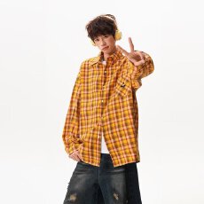 批发格子衬衫外套男春季国<b class='q'>潮</b>牌美式复古高级感长袖格纹情侣衬衣