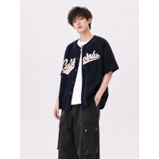 批发美式运动夏季开衫棒球服短袖男复古街头简约通勤休闲运动夹克衬衫