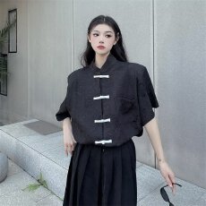 批发新中式立领浮雕提花衬衫女短袖国风<b class='q'>唐装</b>外套秋季潮流宽松盘扣衬衣