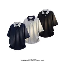 批发美式学院风翻领短袖POLO衫夏季男女拼接T恤<b class='q'>潮</b>