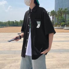 批发翻领短袖衬衫男2024夏季港风日系<b class='q'>潮</b>流宽松休闲五分袖衬衣<b class='q'>潮</b>牌外套