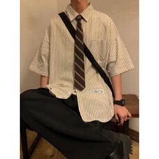 批发2024条纹衬衫短袖男士夏季休闲<b class='q'>潮</b>牌痞帅五分衬衣服夏天外套<b class='q'>潮</b>翻领
