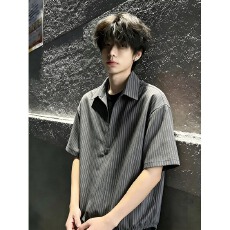 批发美式条纹短袖衬衫男夏季假两件痞帅衬衣复古老钱风上衣
