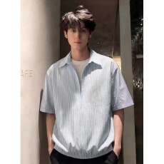 批发美式条纹短袖衬衫男夏季假两件痞帅衬衣复古老钱风上衣