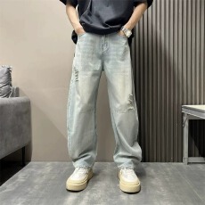 夏季薄款美式街头破洞弯刀牛仔裤男潮流新款潮牌痞帅直筒宽松裤子