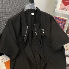 批发小众设计感衬衫男短袖夏季2024新款假两件拼接铁扣衬衫高级感痞帅