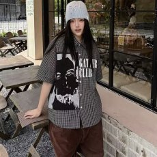 批发2026<b class='q'>潮</b>牌夏季格纹短袖衬衫男女宽松百搭休闲时尚情侣衬衣