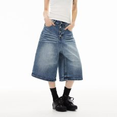 批发复古设计感高腰水洗七分<b class='q'>牛仔裤</b>男女夏季新款松弛显瘦阔腿裤潮