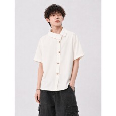 批发美式复古短袖衬衫女夏季设计感小众宽松立领男女款半袖衬衣上衣<b class='q'>潮</b>
