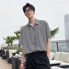 批发气质设计感条纹领带衬衫文艺坊男生宽松短袖美式复古衬衣