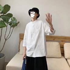 批发白色棉麻短袖衬衫男夏季新款<b class='q'>潮</b>流百搭半袖衬衣男士休闲纯色上衣服