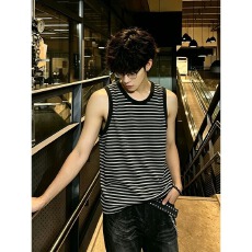 批发美式复古条纹背心男夏季薄款高级感无袖T恤cleanfit运动坎肩汗衫