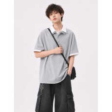 假两件双层领垫肩短袖男夏季美式重磅翻领正肩T恤痞帅半袖polo衫