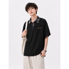 撞色翻领格子短袖polo衫男款夏季学院风高级感t恤美式复古半截袖