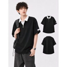美式假两件半拉炼短袖t恤男夏季学院风衬衫领Polo衫情侣休闲半袖