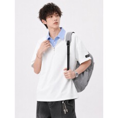 美式假两件半拉炼短袖t恤男夏季学院风衬衫领Polo衫情侣休闲半袖