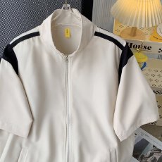 美式潮牌撞色插肩拉链立领衬衫男女搭配休闲户外运动短裤两件套装