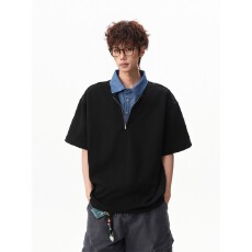 批发曼巴棉拼牛仔领牛仔袖黑灰M-2XL