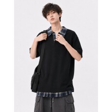 批发美式假两件翻领短袖T恤<b class='q'>男</b>夏季宽松重磅青少年polo衫高级痞帅<b class='q'>上衣</b>