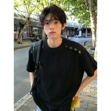 批发美式高街金属扣垫肩短袖T恤<b class='q'>男</b>款夏季新款潮牌高级感痞帅半袖体恤