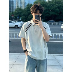 批发美式拼接条纹polo衫短袖<b class='q'>男</b>款夏季痞帅高级感正肩t恤重磅翻领半袖