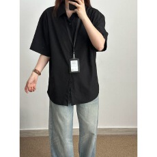 批发黑色冰丝短袖衬衫<b class='q'>男</b>夏季薄款痞帅高级感垂感衬衣宽松休闲半袖外套