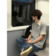 批发美式假两件<b class='q'>衬衫</b>领短袖男款夏季条纹拼接翻领t恤<b class='q'>学院风</b>正肩polo衫