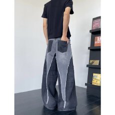 批发春秋新款美式弯刀阔腿裤<b class='q'>男</b>长裤潮流痞帅直筒<b class='q'>哈伦裤</b>复古水洗牛仔裤