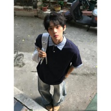 批发美式格纹拼接POLO衫短袖t恤男女老钱风复古宽松潮流百搭休闲半袖