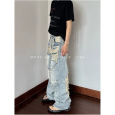 批发牛仔裤男女美式高街辣妹高腰宽松vibe痞帅炸街破洞磨破设计休闲裤