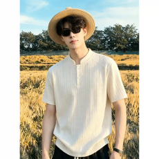 批发麦穗纹亨利领短袖男款夏季老钱风正肩T恤高级感重磅立领polo衫