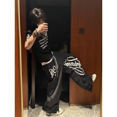 批发美式复古高街印花阔腿裤男女宽松伞兵裤爵士舞<b class='q'>休闲裤</b>弯刀长裤潮流